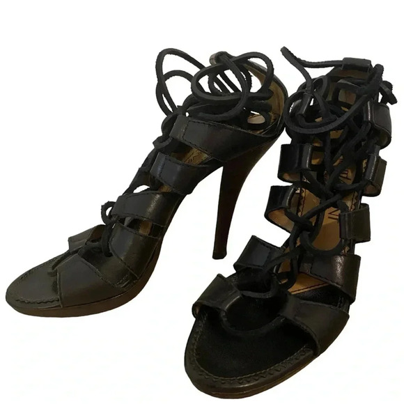Yves Saint Laurent Black Leather Moorland Lace Up Gladiator Heels - Picture 3 of 14